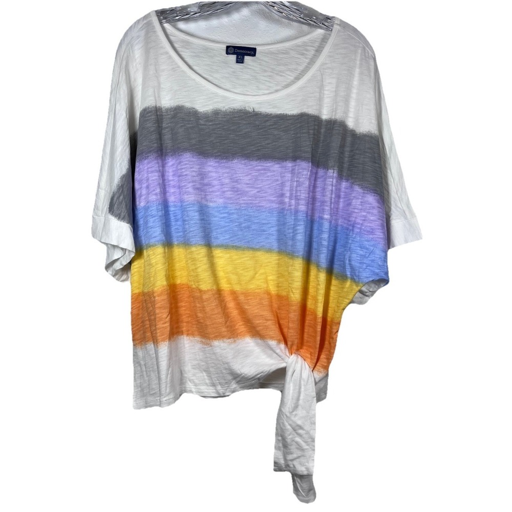 NWOT DEMOCRACY SZ XL Top Women's Rainbow Blouse Side Tie Loose Shirt Colorful